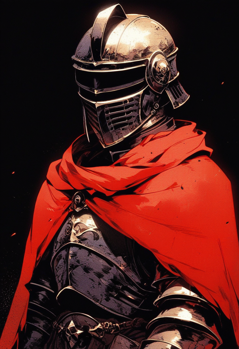 00084-40360754-0245-_lora_Kenva_1.0_ score_9, knva, halftone effect, armored medieval knight, helmet with closed visor, red cloak, black background,.png
